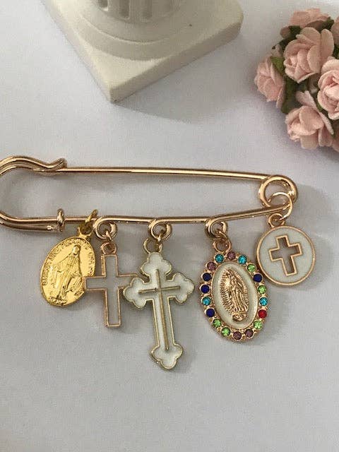 Ex - Voto Religious Brooch – Multicolored Cross and Medal Charms - Maison and Mer