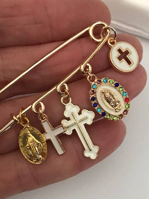 Ex - Voto Religious Brooch – Multicolored Cross and Medal Charms - Maison and Mer