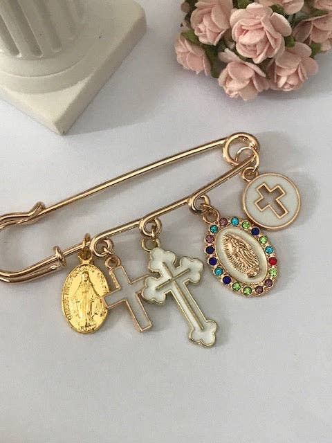 Ex - Voto Religious Brooch – Multicolored Cross and Medal Charms - Maison and Mer
