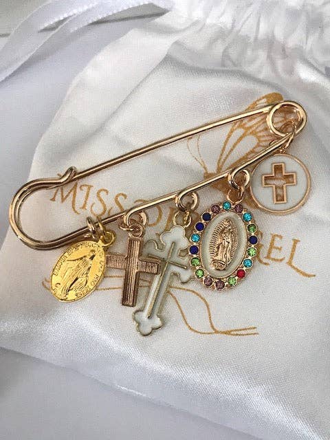 Ex - Voto Religious Brooch – Multicolored Cross and Medal Charms - Maison and Mer