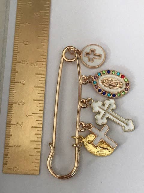 Ex - Voto Religious Brooch – Multicolored Cross and Medal Charms - Maison and Mer