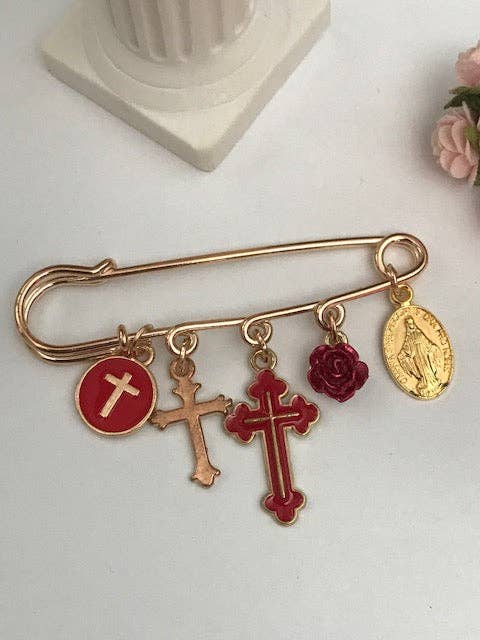 Ex - Voto Religious Brooch – Red Cross and Medal Charms - Maison and Mer