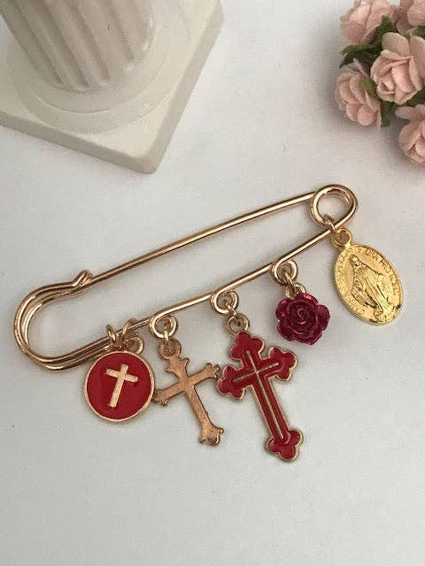 Ex - Voto Religious Brooch – Red Cross and Medal Charms - Maison and Mer