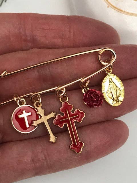 Ex - Voto Religious Brooch – Red Cross and Medal Charms - Maison and Mer