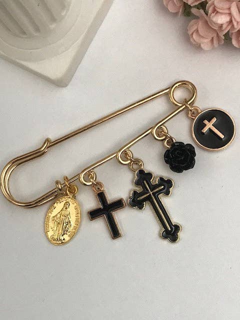Ex-Voto Religious Brooch – Black Cross and Medal Charms