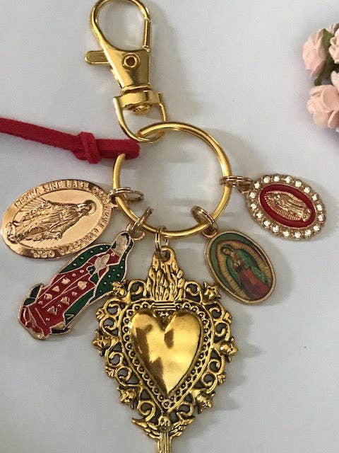 Llavero Virgen María con Sagrado Corazón y Cruz, regalo para Virgen Madre, dije Virgen con Medalla Milagrosa, llavero exvoto