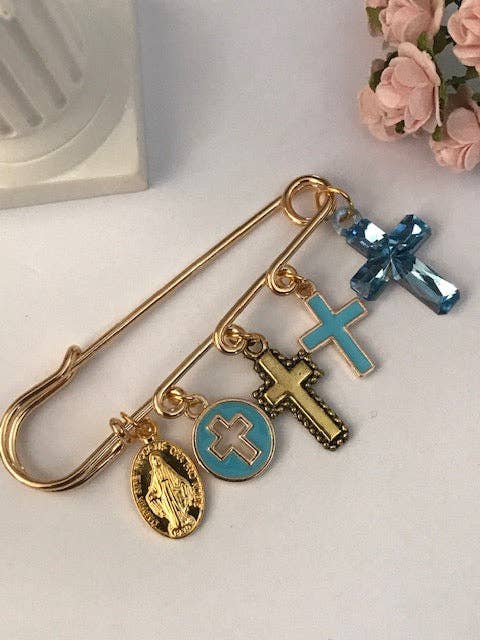 Ex-Voto Religious Brooch – Blue Cross and Medal Charms