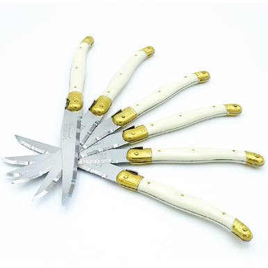 Jean Dubost 6 Steak Knives Ivory in Wooden Block - Maison and Mer