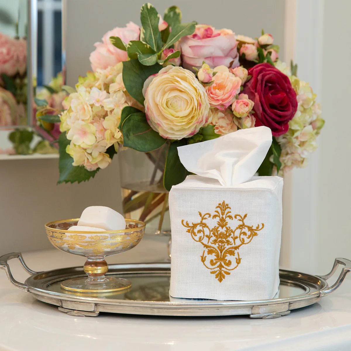 Victorian Tissue Box Cover - White & Gold - Maison and Mer