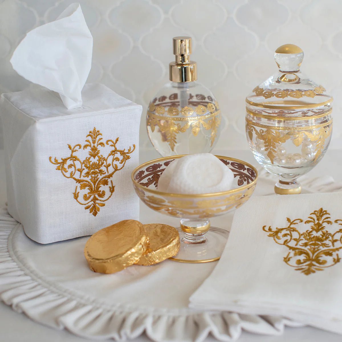 Victorian Tissue Box Cover - White & Gold - Maison and Mer