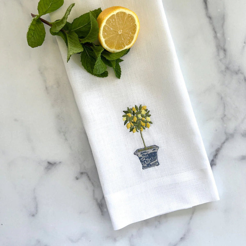 White Lemon Topiary Linen Towel - Maison and Mer